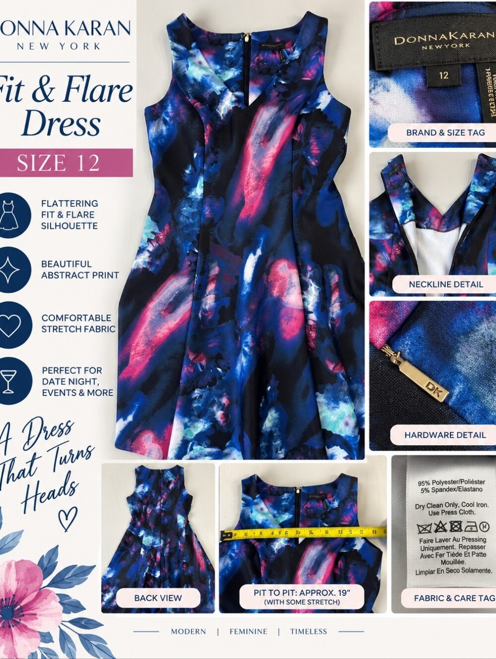 Donna Karan Pink Blue Abstract Fit & Flare Dress Size 12
